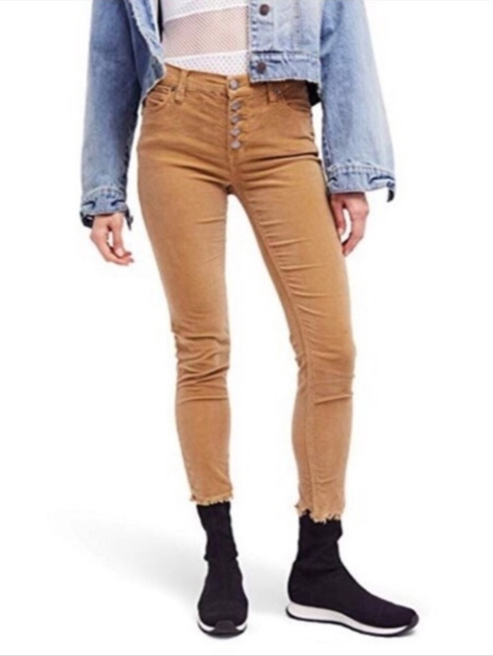 Free People Reagan Corduroy Skinny Pants Brown Exposed Button Fly Raw Hem 28